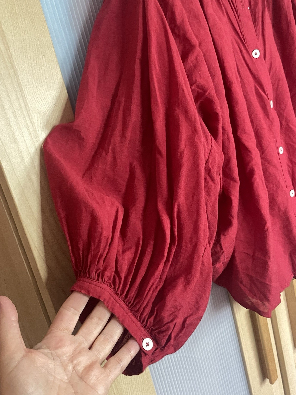 MADEWELL Shirred Balloon-Sleeve Top M Red Button-Up Blouse New Boho Peasant