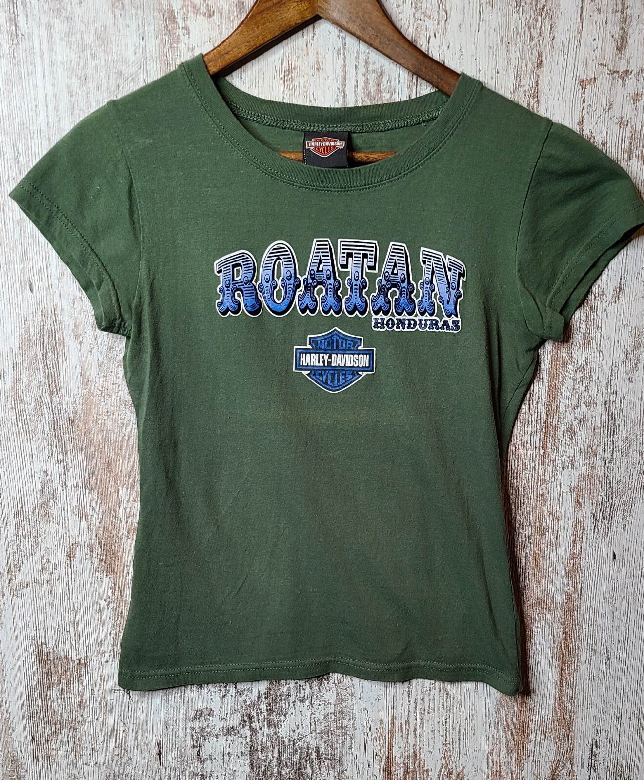 Harley Davidson Motorcycles Womens M Shirt Roatan Honduras Felt Writing On Back