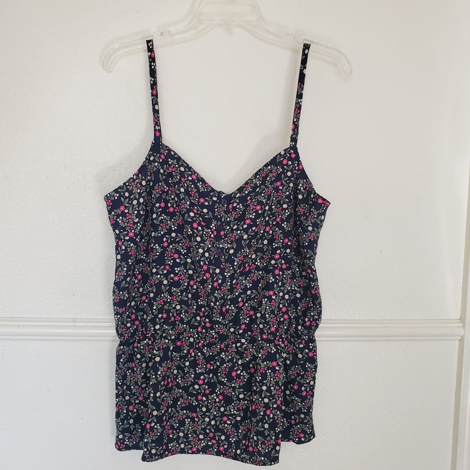Gibson Petite XL Navy Blue Floral Button Front Blouse Camisole Top Spaghetti