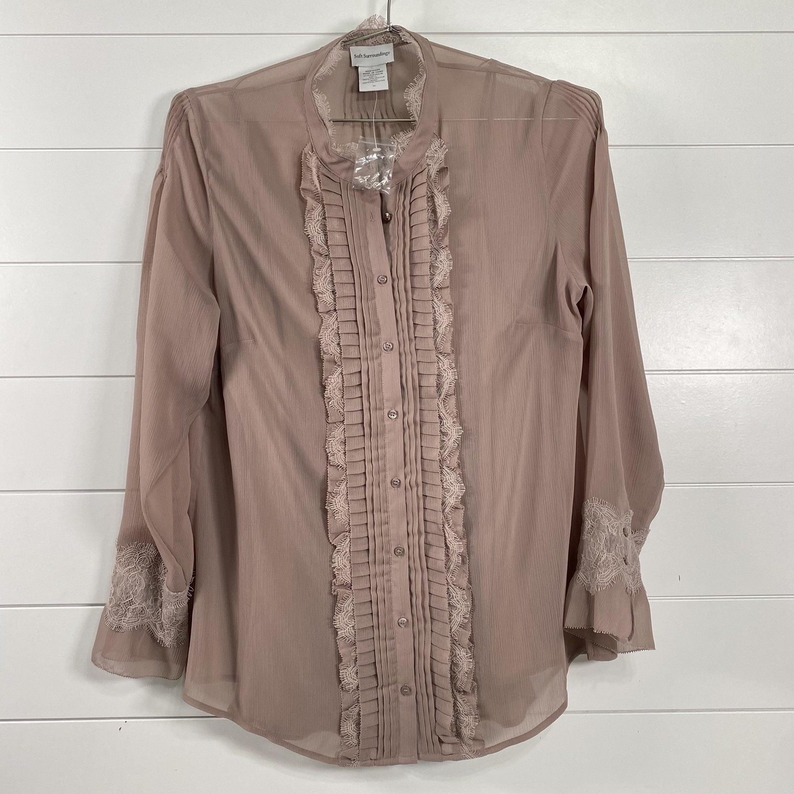Soft Surroundings Shirt Womens Medium Mauve Pink Lace Pleated Sheer Blouse Top