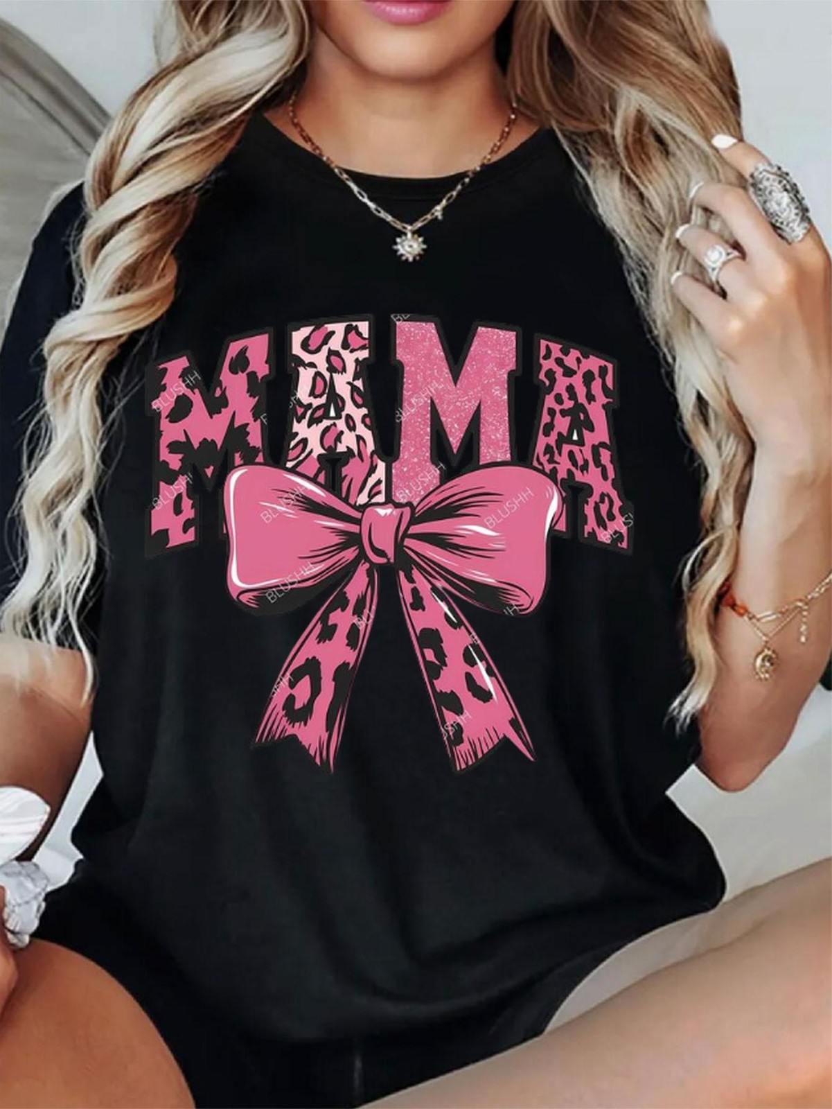 Women Mama Leopard Print Graphic T-Shirt Pink Bow Mom Casual Crew Neck Tee Top