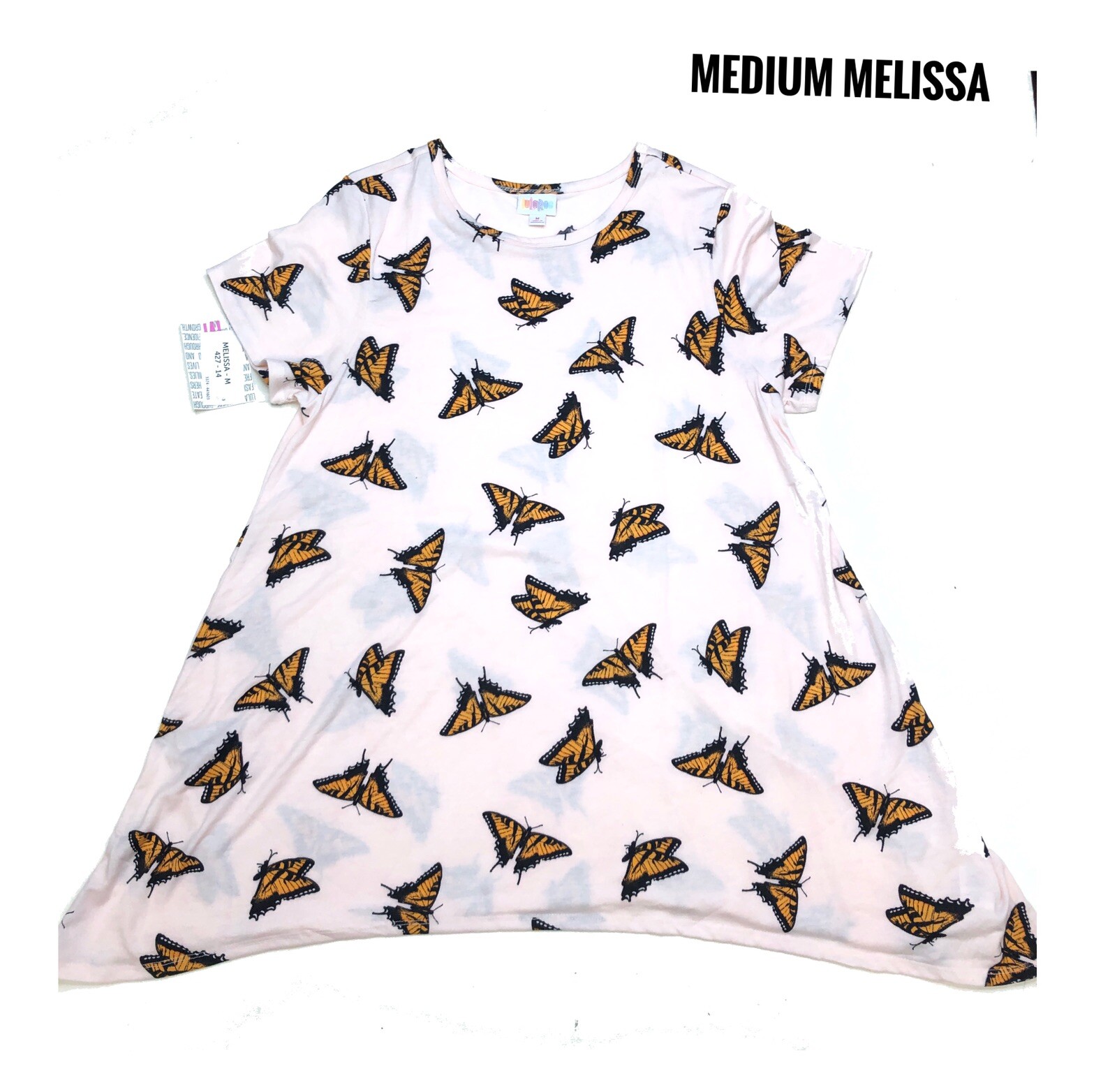 Medium LuLaRoe Melissa Pink Tunic Top Butterflies Shark Bite Hem fits 10/12