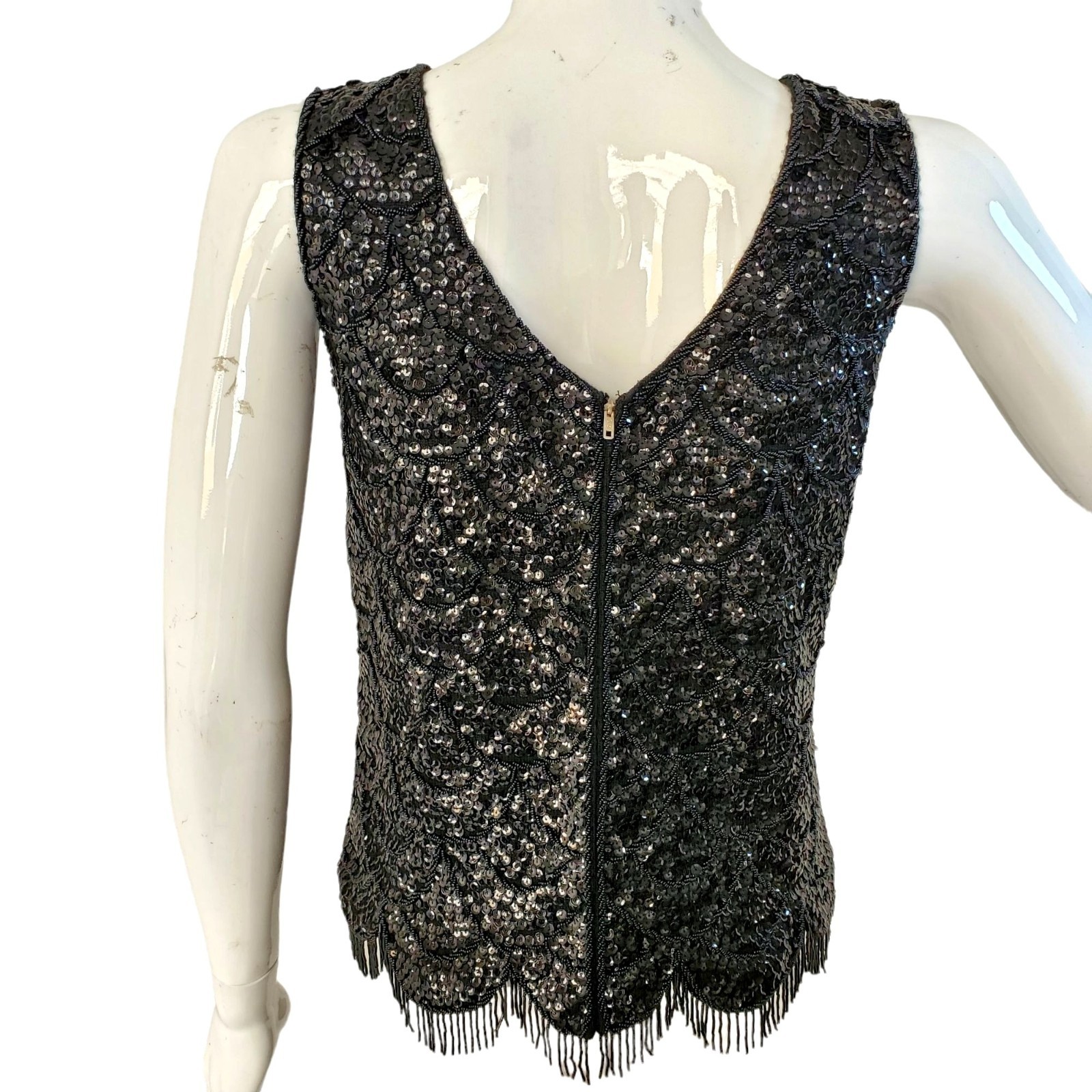 Vintage Black Beaded Sequin Evening Top Sz S Scallop Fringe Hem Gatsby Cocktail
