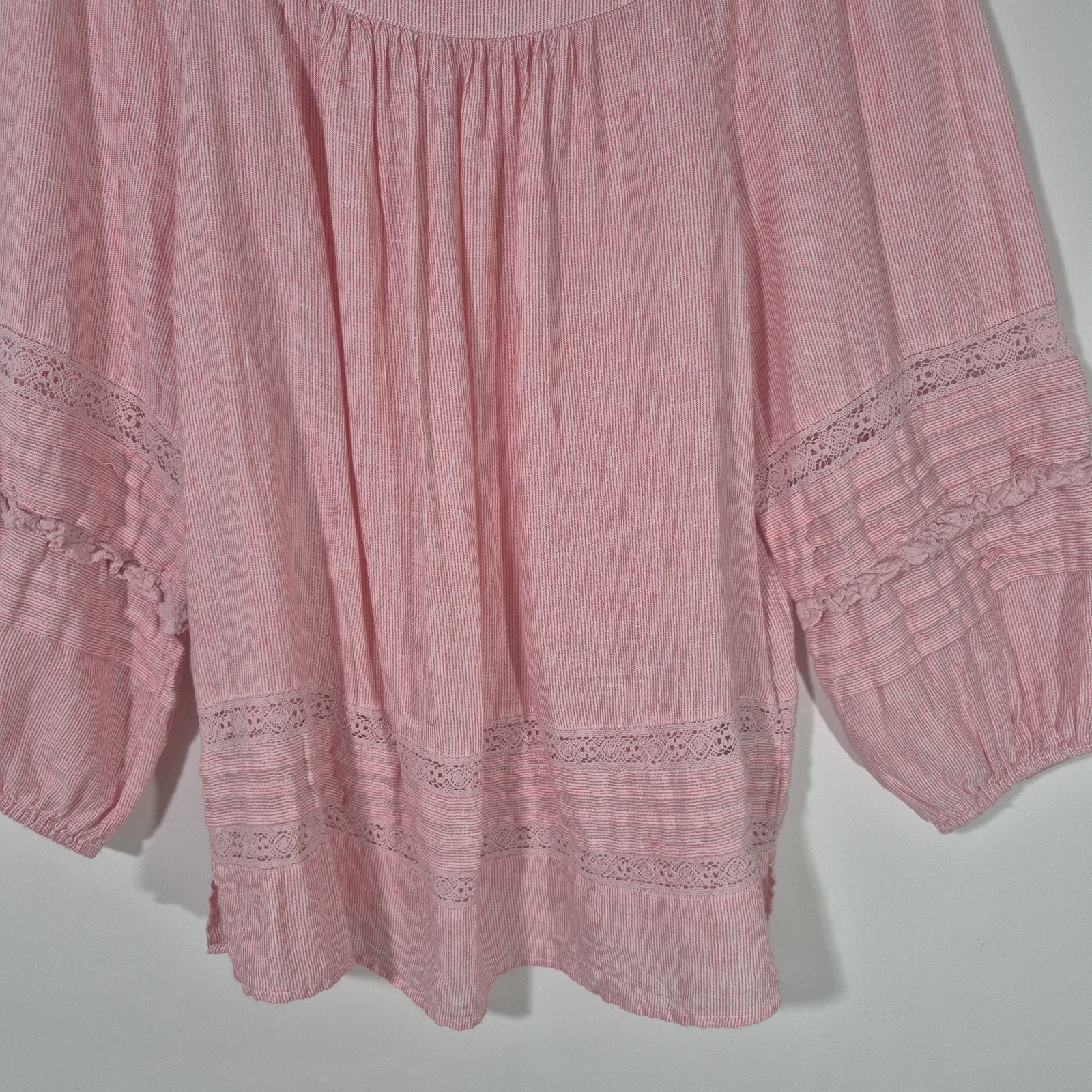 Lauren Ralph Lauren Linen Tunic Blouse Womens XL Pink Stripe Peasant Ruffle Lace