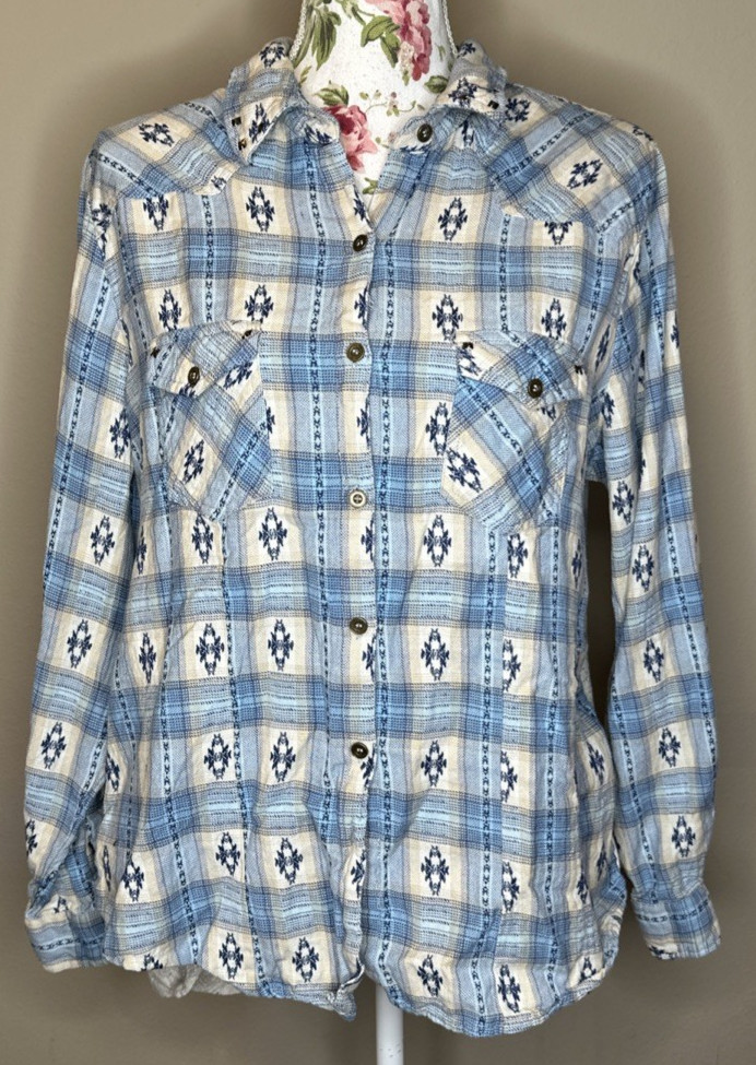 Lola P. Shirt Womens Sz XL Blue Western Plaid Button Down Lace Back Contrast