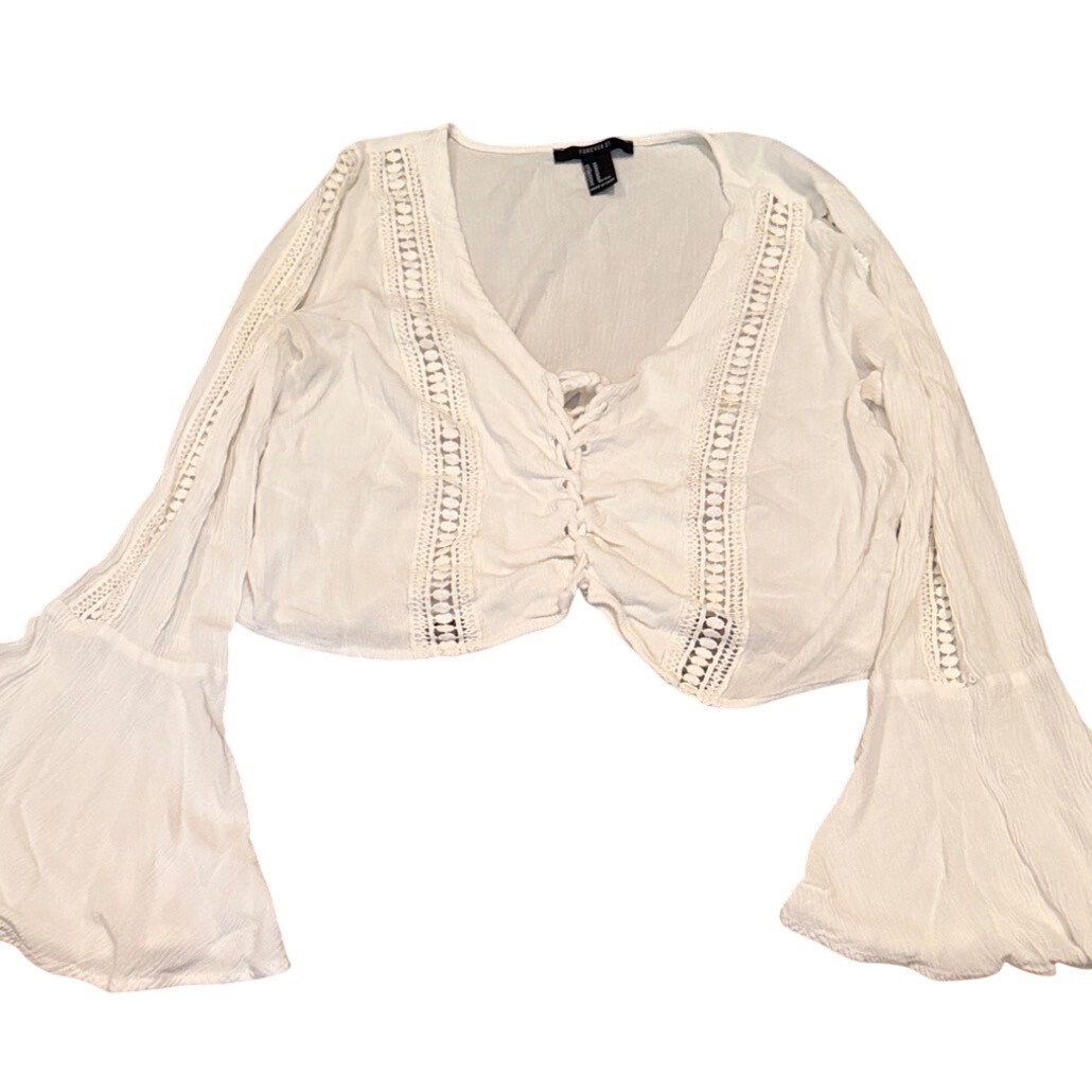 Forever 21 White Crochet Lace Tie Front Bell Sleeve Crop Top Boho Blouse Medium