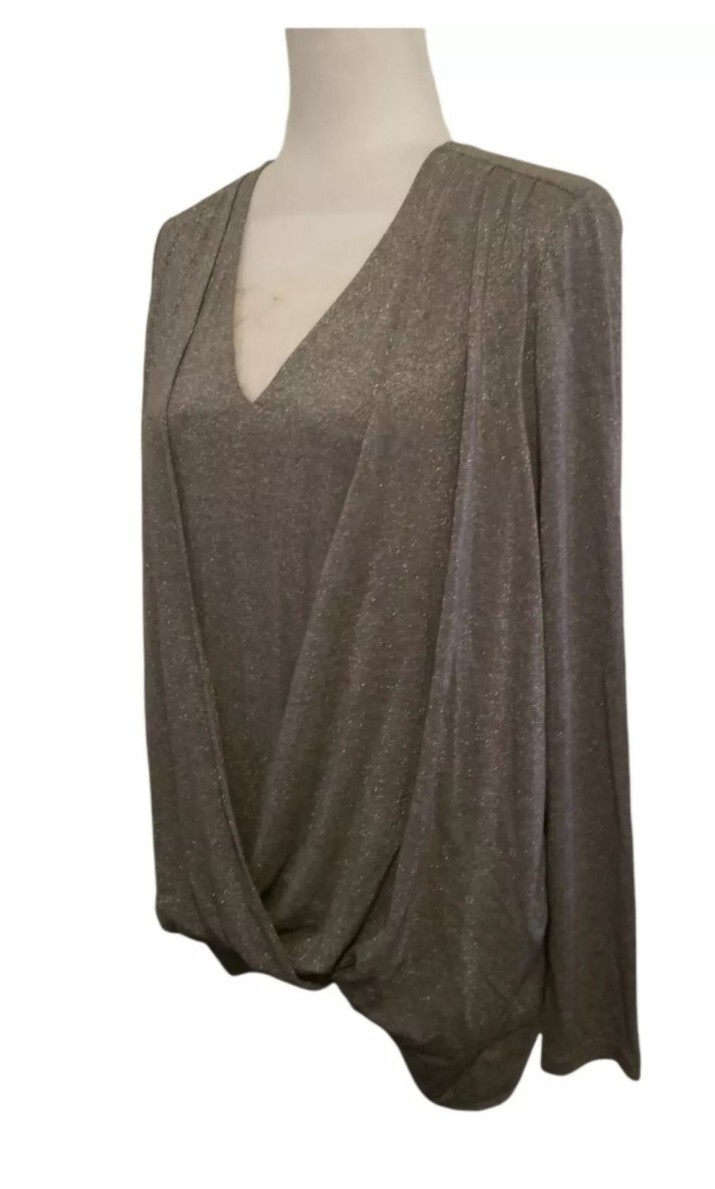 INTEGRITY Blouse Size 3 Silver Metallic Drape Front Criss Cross Top Long Sleeve