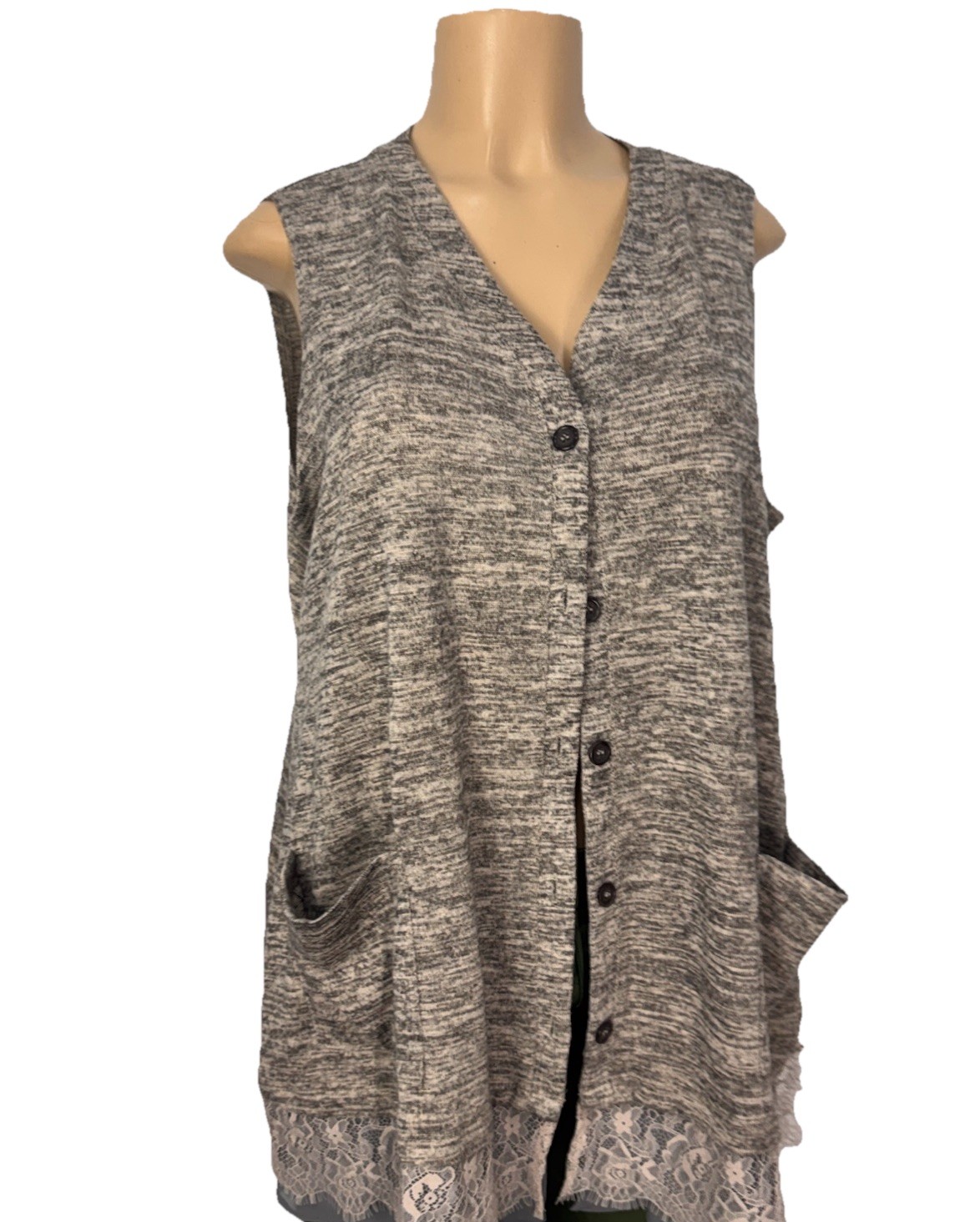LOGO Marl Lace Hems Insert, Button Front Cardigan Stretch Women Size LCasual Top