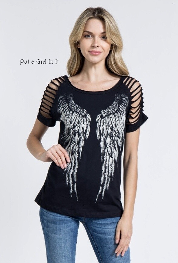 New USA VOCAL Womens BLACK LASER CUT ANGEL WINGS T SHIRT TOP S M L XL 1X 2X 3X