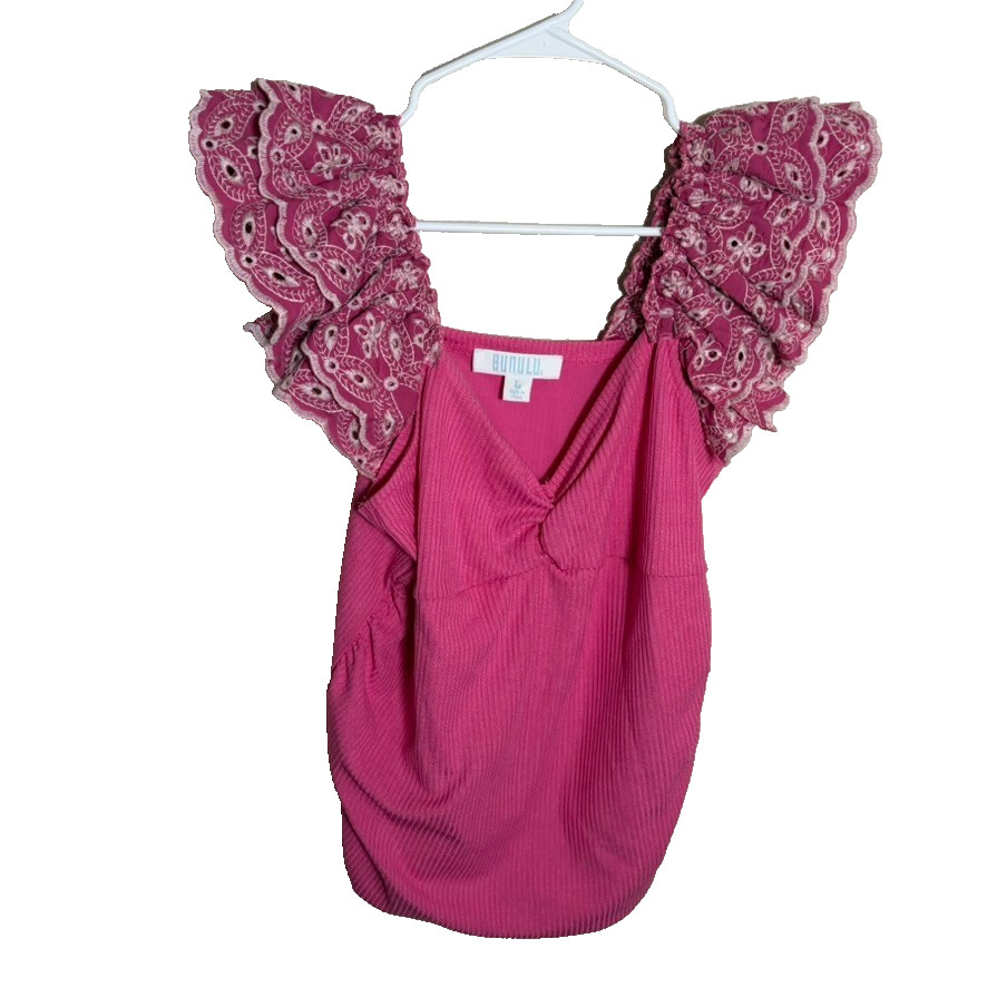 Bunulu Blouse Women’s Large Pink V-Neck Eyelet Boho Lace Sleeve Ruched Shirt Top