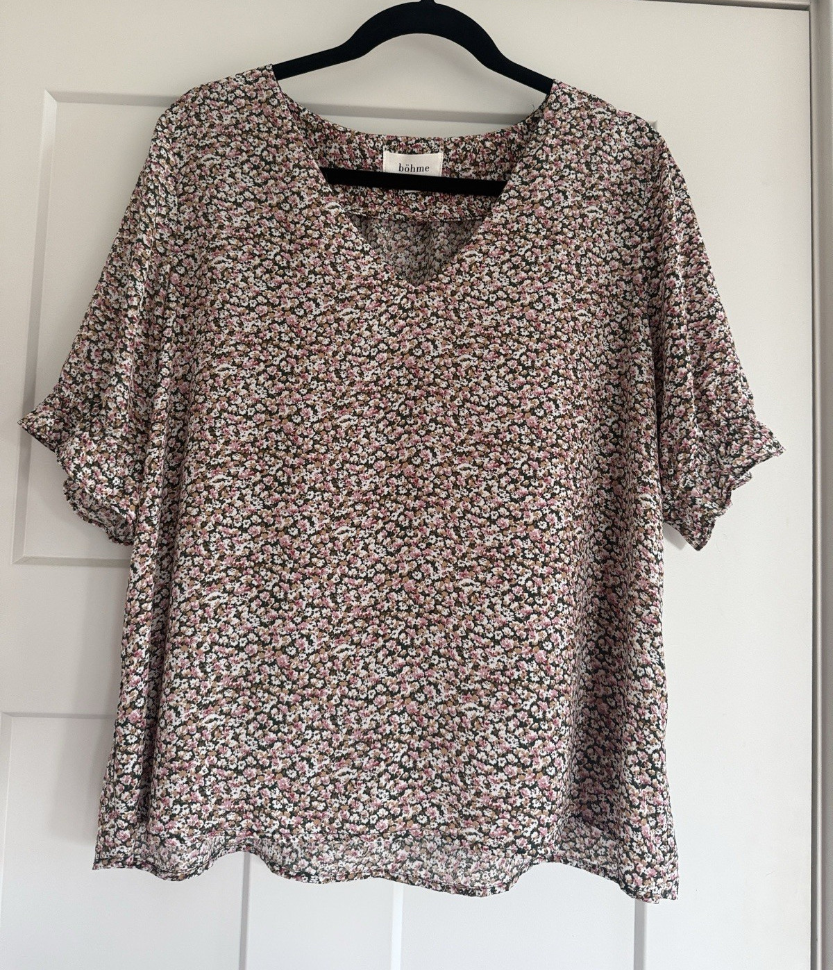 böhme Blouse Womens L Multicolor Floral Woven V-Neck Flutter Sleeve Ruffle