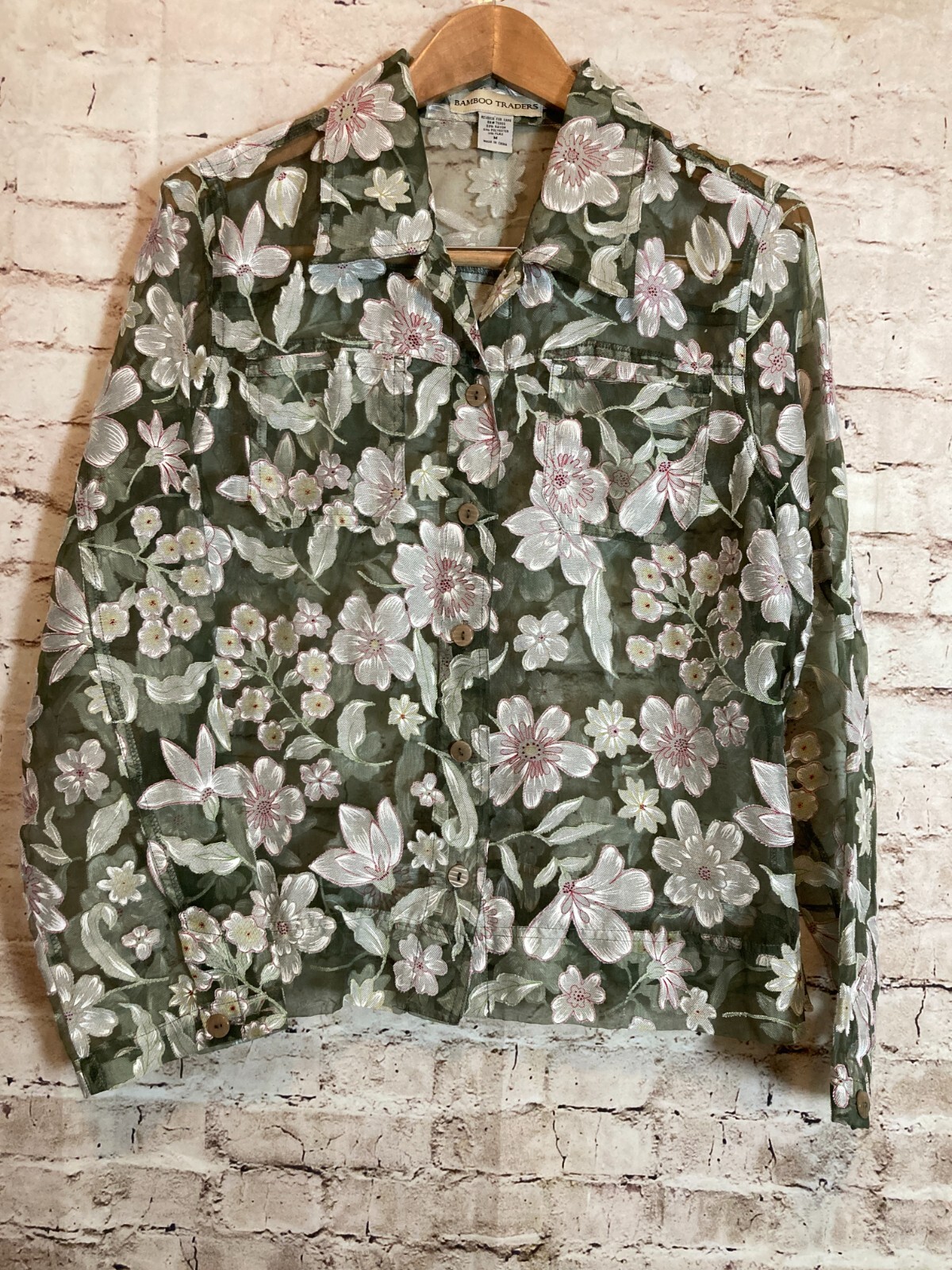 Bamboo Traders Top Womens Medium Floral Burnout Button Up Sheer Olive & Pink