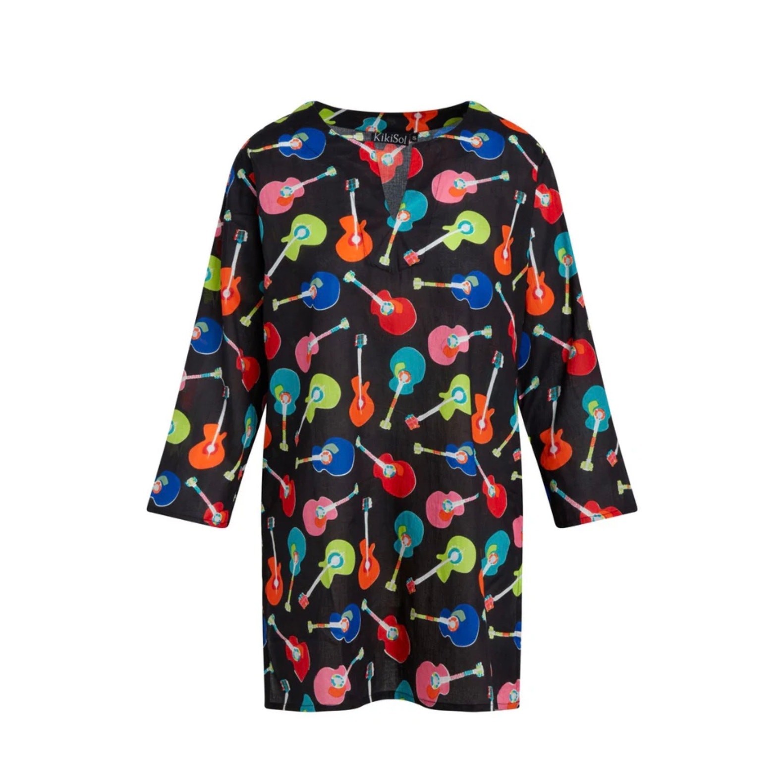 Kikisol Lightweight Cotton Tunic Top AOP Guitars Women’s XL 3/4 Sleeves Music