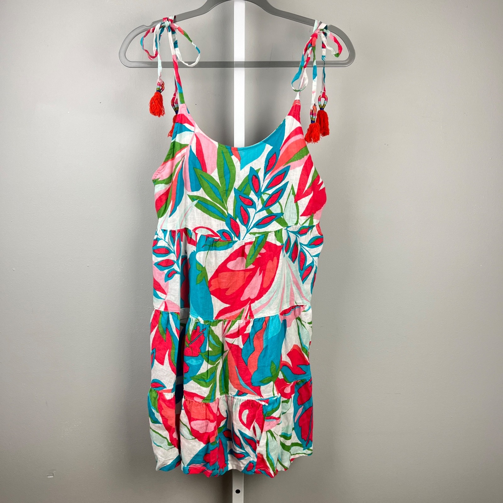 C&C California Linen Blend Tank Swing Top Womens M Resort Shoulder Tie Tassel