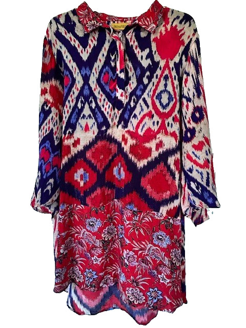 Benares Anthropologie Sz L Tunic Top Red White Blue Hi Low Mix Floral Ikat Style