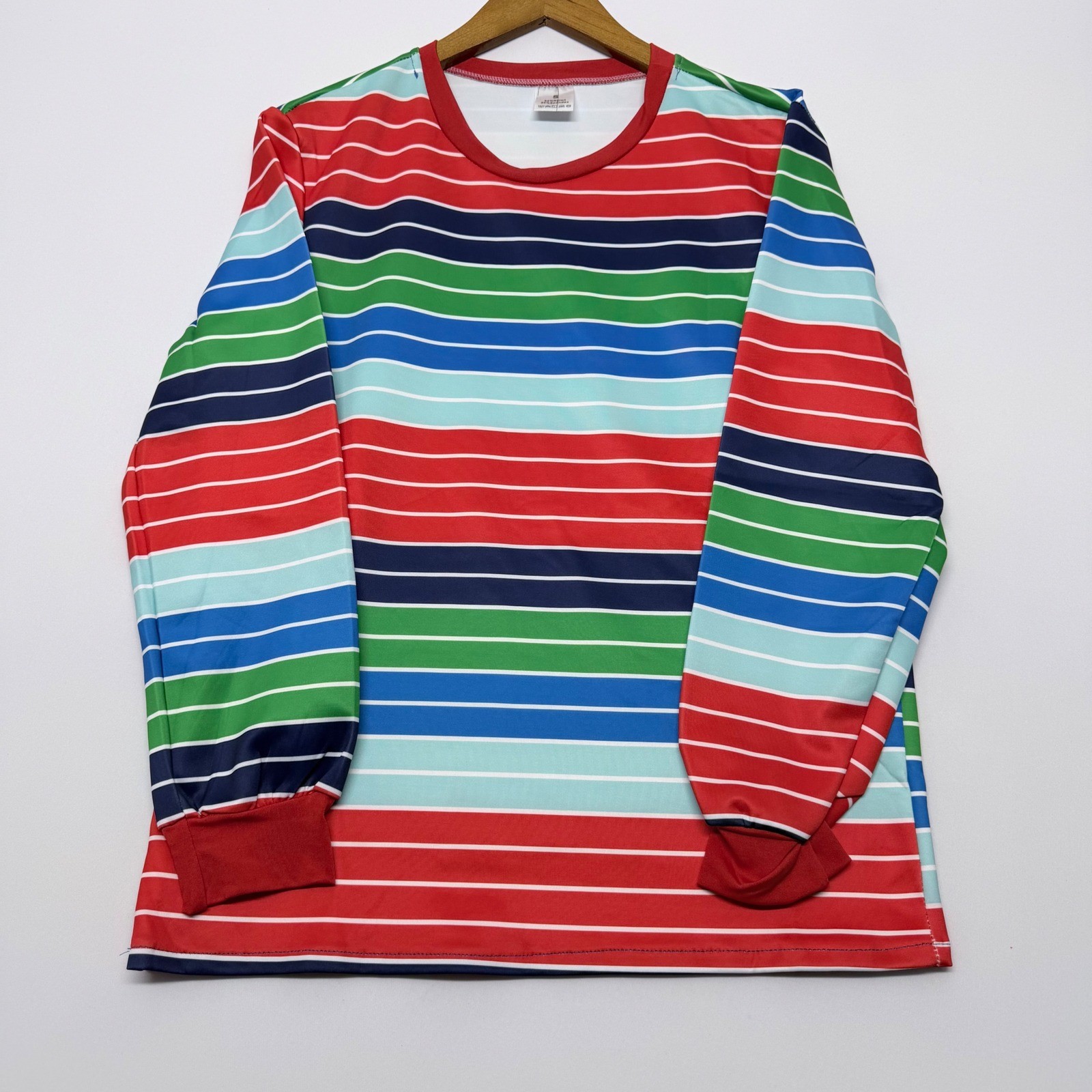 Striped Long Sleeve Crewneck Top Red Blue Green Multi Color Spandex Small