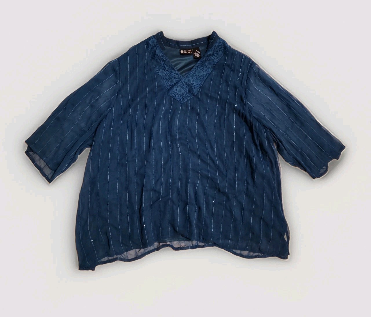 Maggie Barnes Chiffon Tunic Blouse sz 3X Blue Sequin Lace embellishments Lined