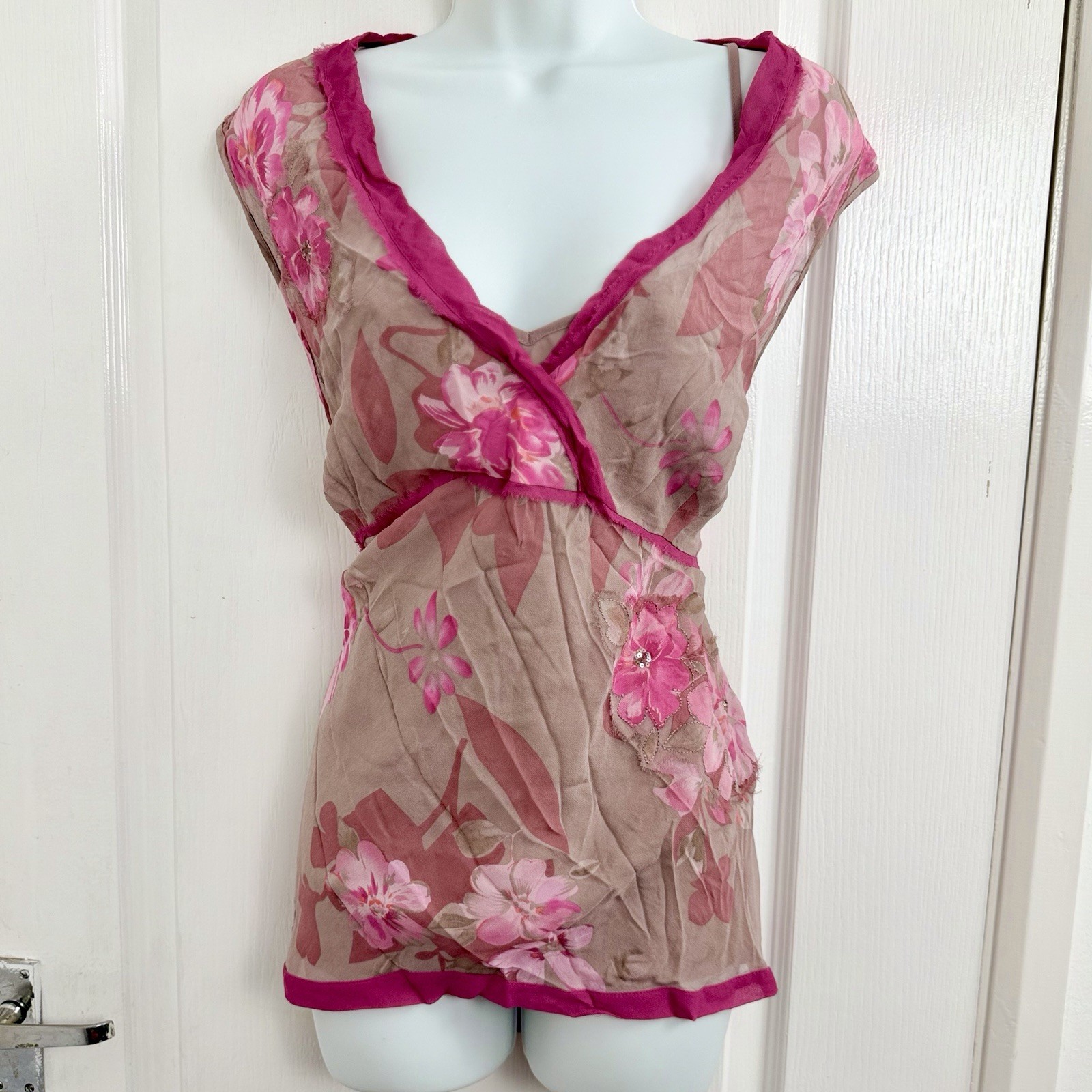 Monsoon 100% Silk Floral Top UK 22 Pink Applique Sequin Boho Y2K Fairycore Boho