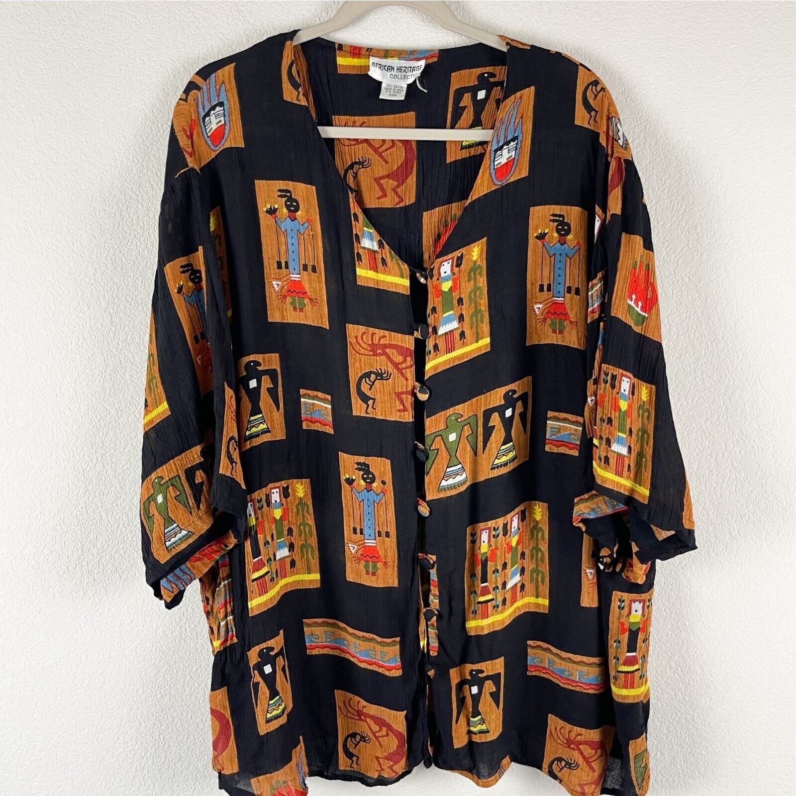 African Heritage Tunic Top Womens Plus 22W Button Front Aztec Tribal Artsy Boho