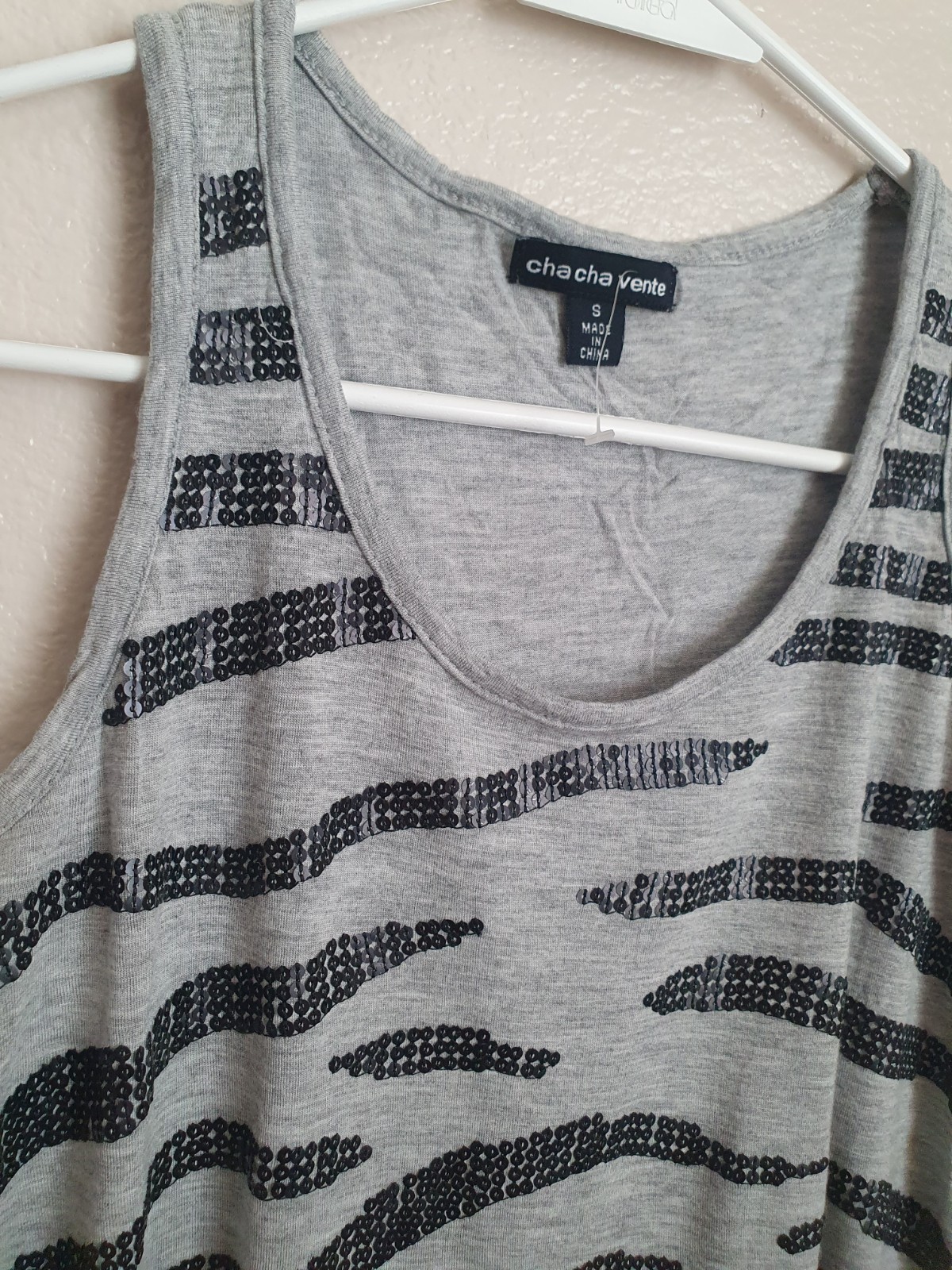 Cha Cha Vente Gray Black Zebra Sequin Tank Top Small Sleeveless