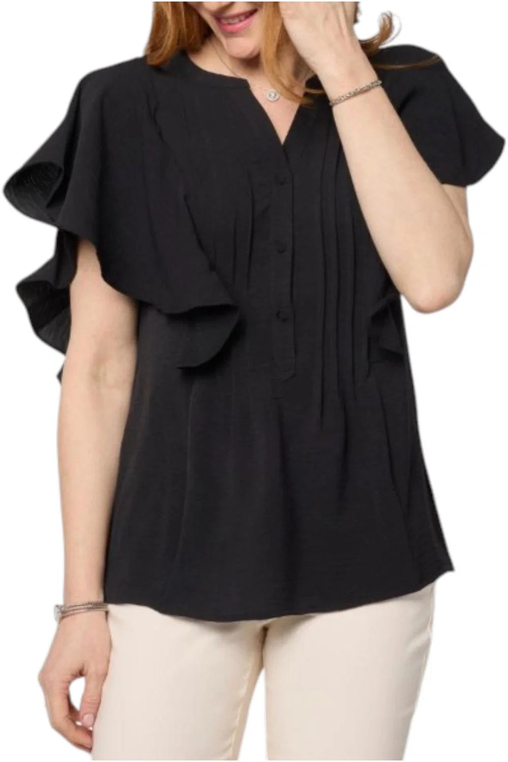Nina Leonard Women’s Textured Flutter-Slv Mandarin Collar Blouse Black