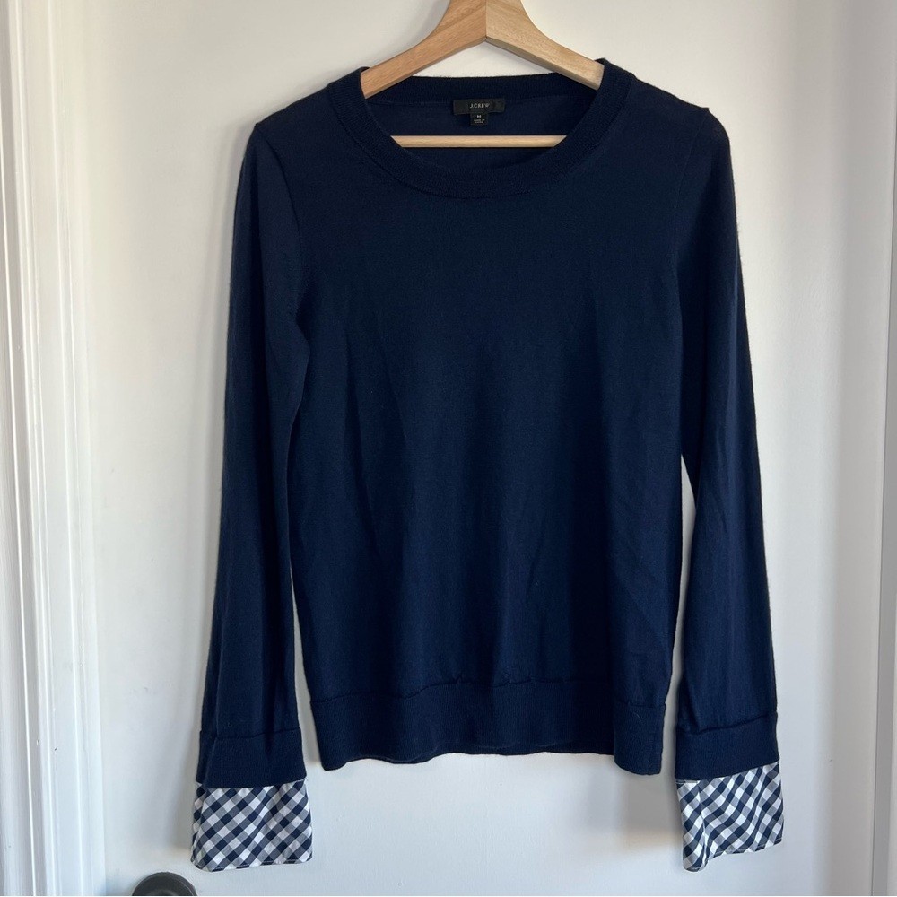 J Crew 100% Wool Navy Long Sleeve Plaid French Cuff Sweater, Size Medium