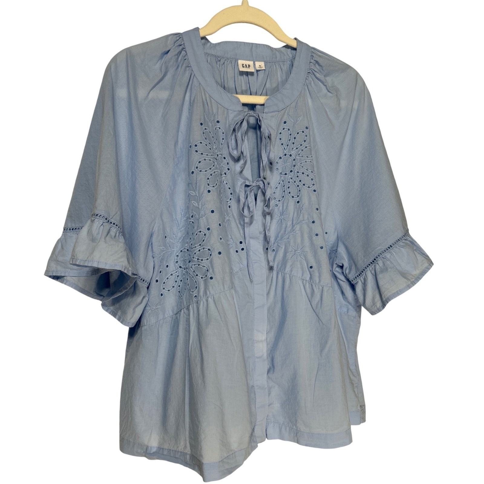 Gap Womens Blue Eyelet Embroidered Tie Front Flutter Sleeve Blouse XL Cotton