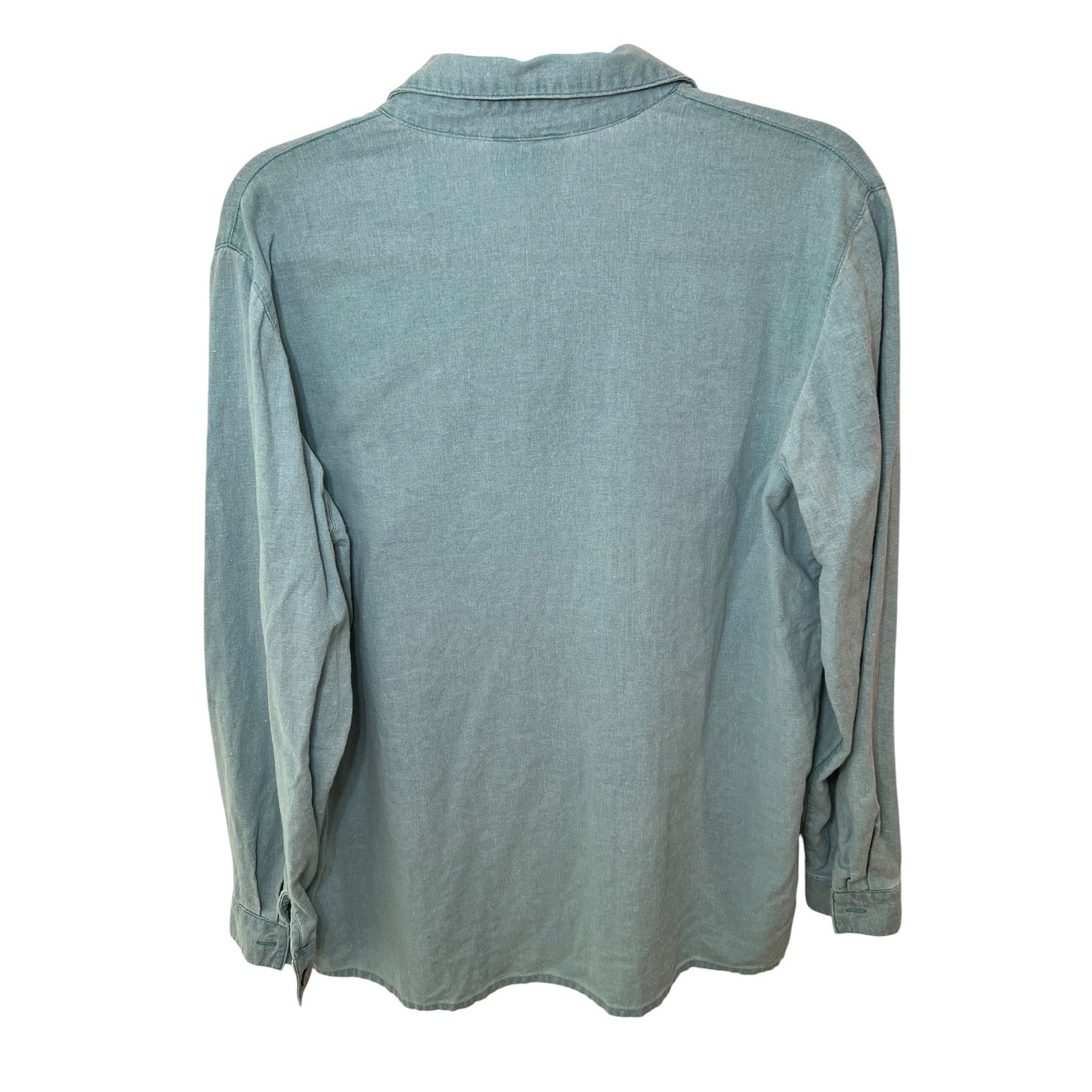 Coldwater Creek Linen Blend Coastal Blue Green Fringed Button Down Top Large