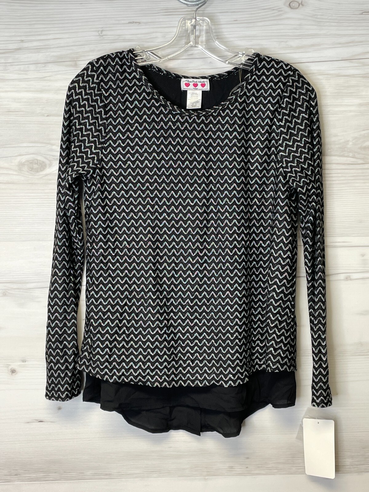 Three Pink Hearts Top XS Womens Black Silver Long Sleeve Lined Blouse