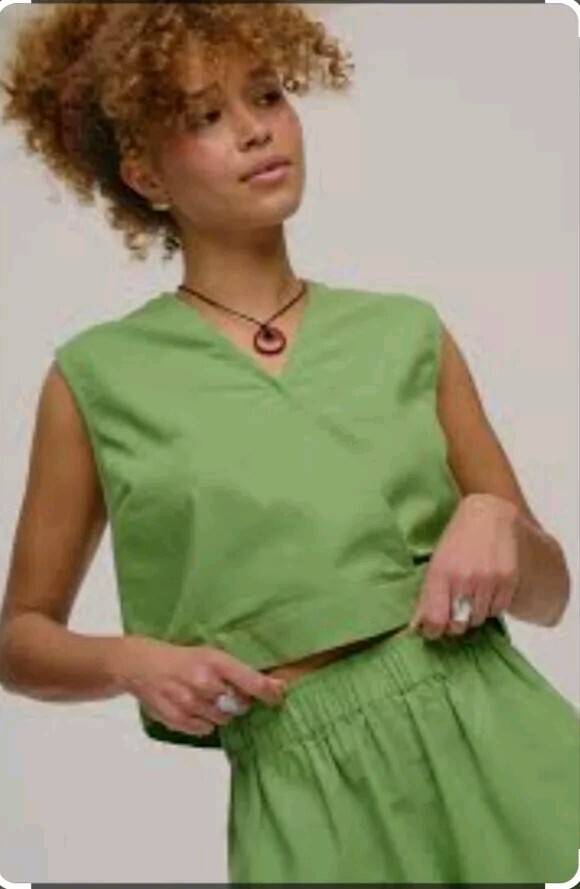 LUCY & YAK ARCHIE V NECK TOP ORGANIC COTTON &LINEN MATCHA GREEN SIZE 14 BNWT