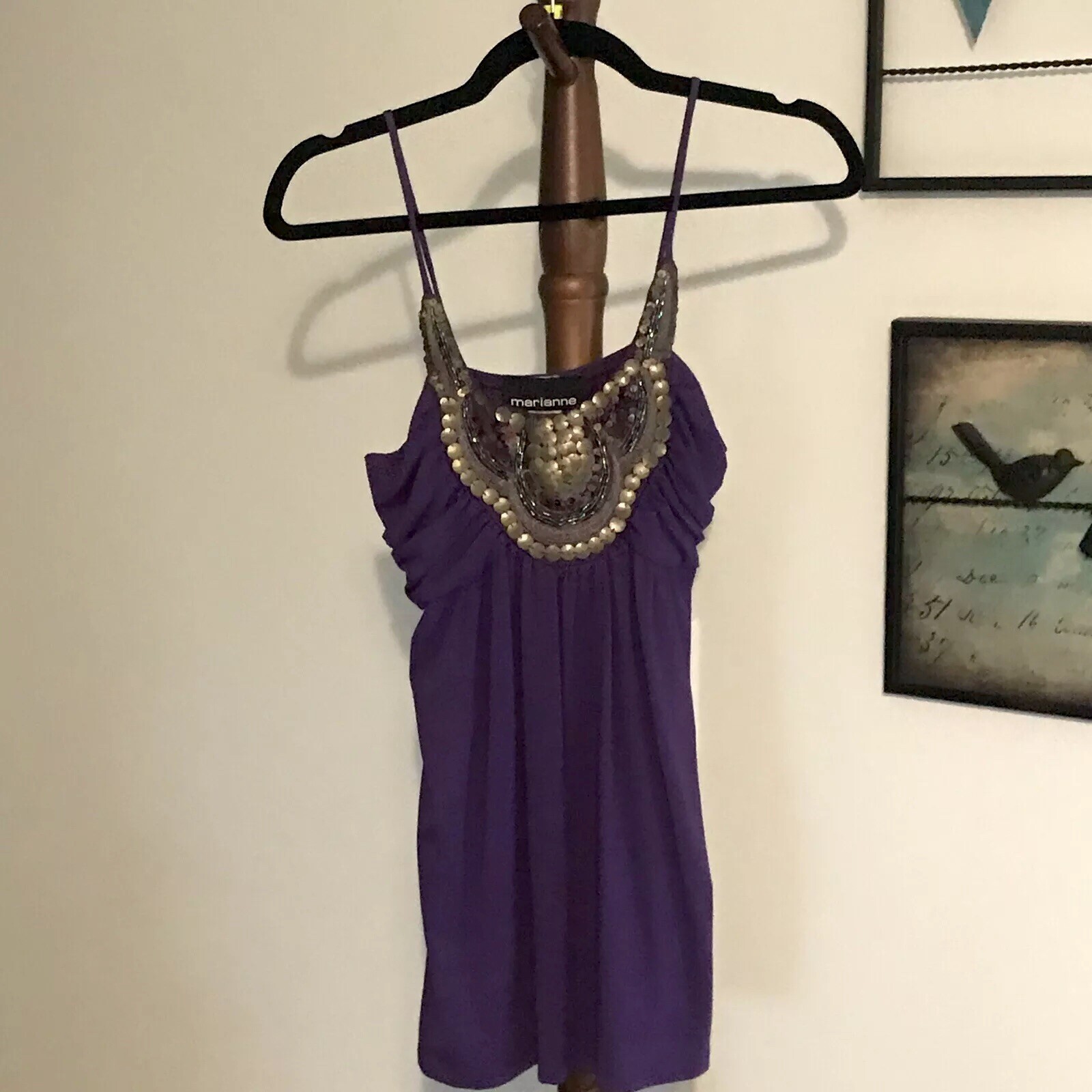 Marianne Women’s M Purple Sequin & Beads Spaghetti Strap Top