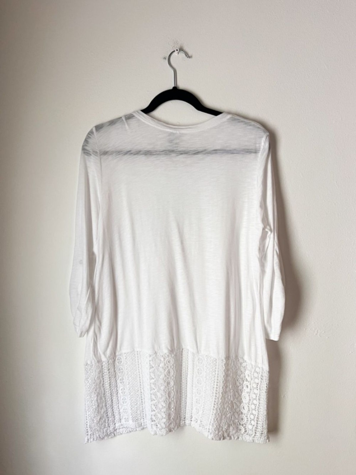 XCVI White Lace Hem Tunic Top Medium Cotton Modal 3/4 Sleeve Boho Blouse