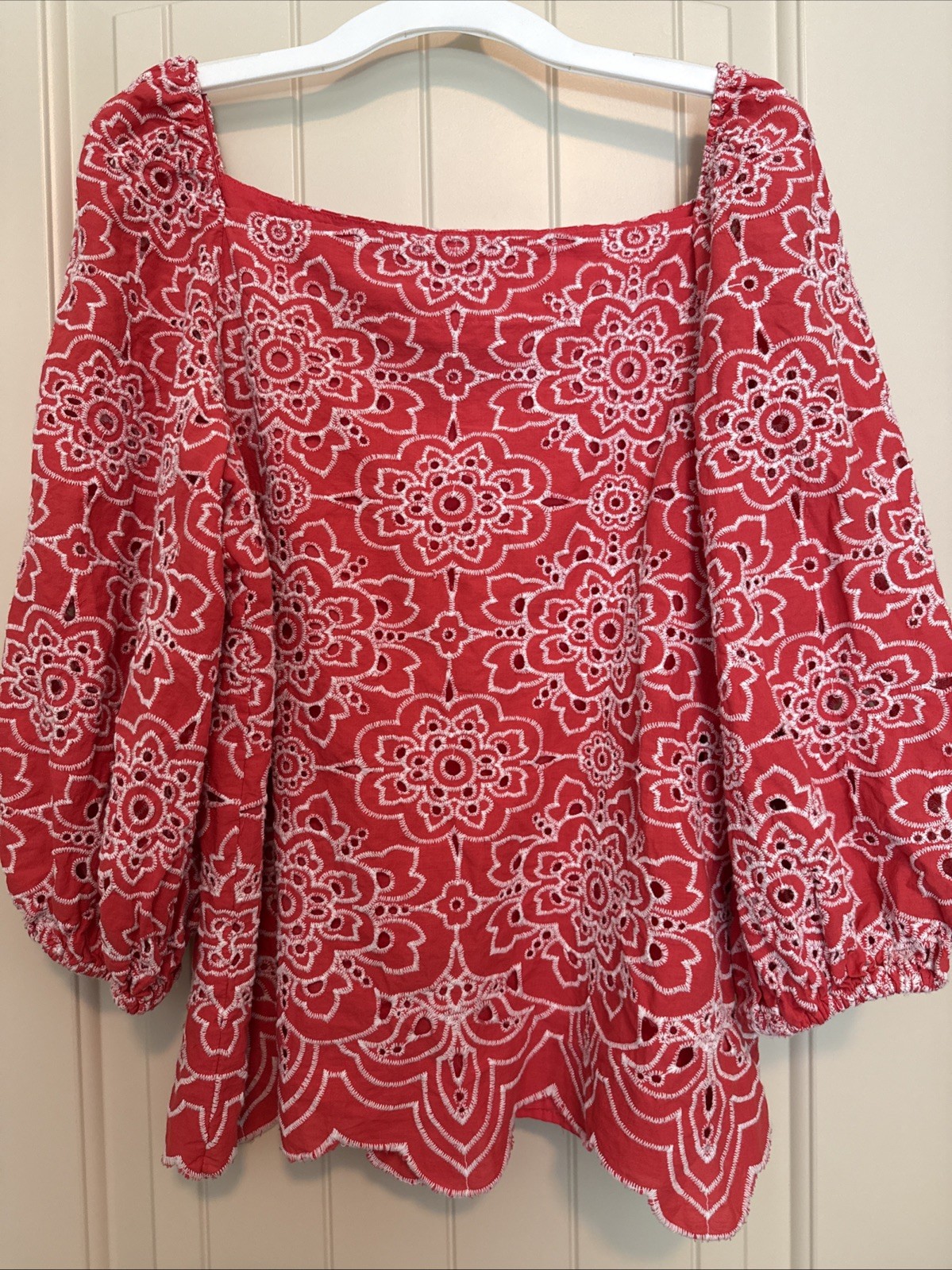 Trina Turk Lace Eyelet 100% Cotton Blouse Square Neckline 3/4 Sleeve L/XL (read)