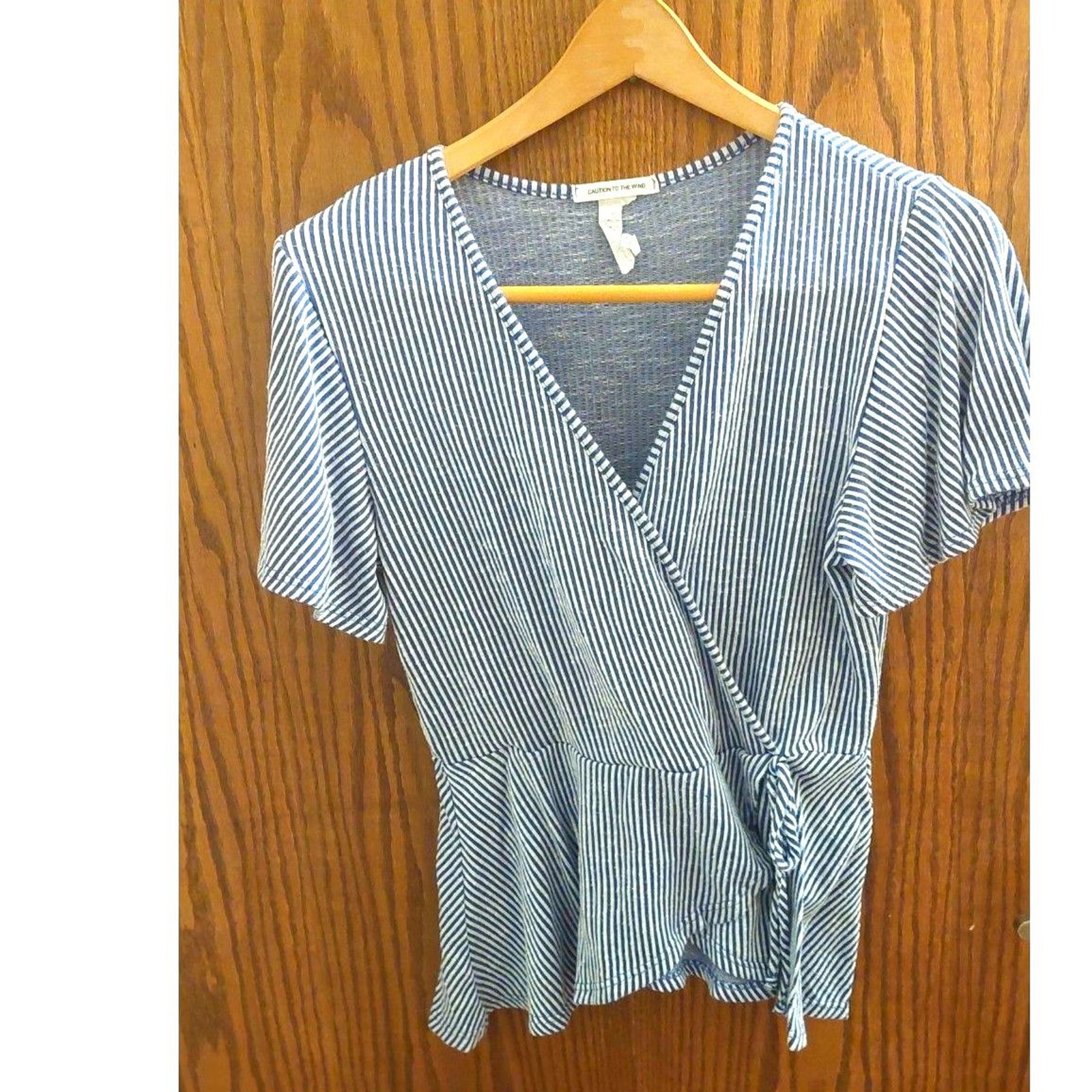 Caution to the Wind Blue White Striped Wrap Peplum Top Women’s L Short Sleeve