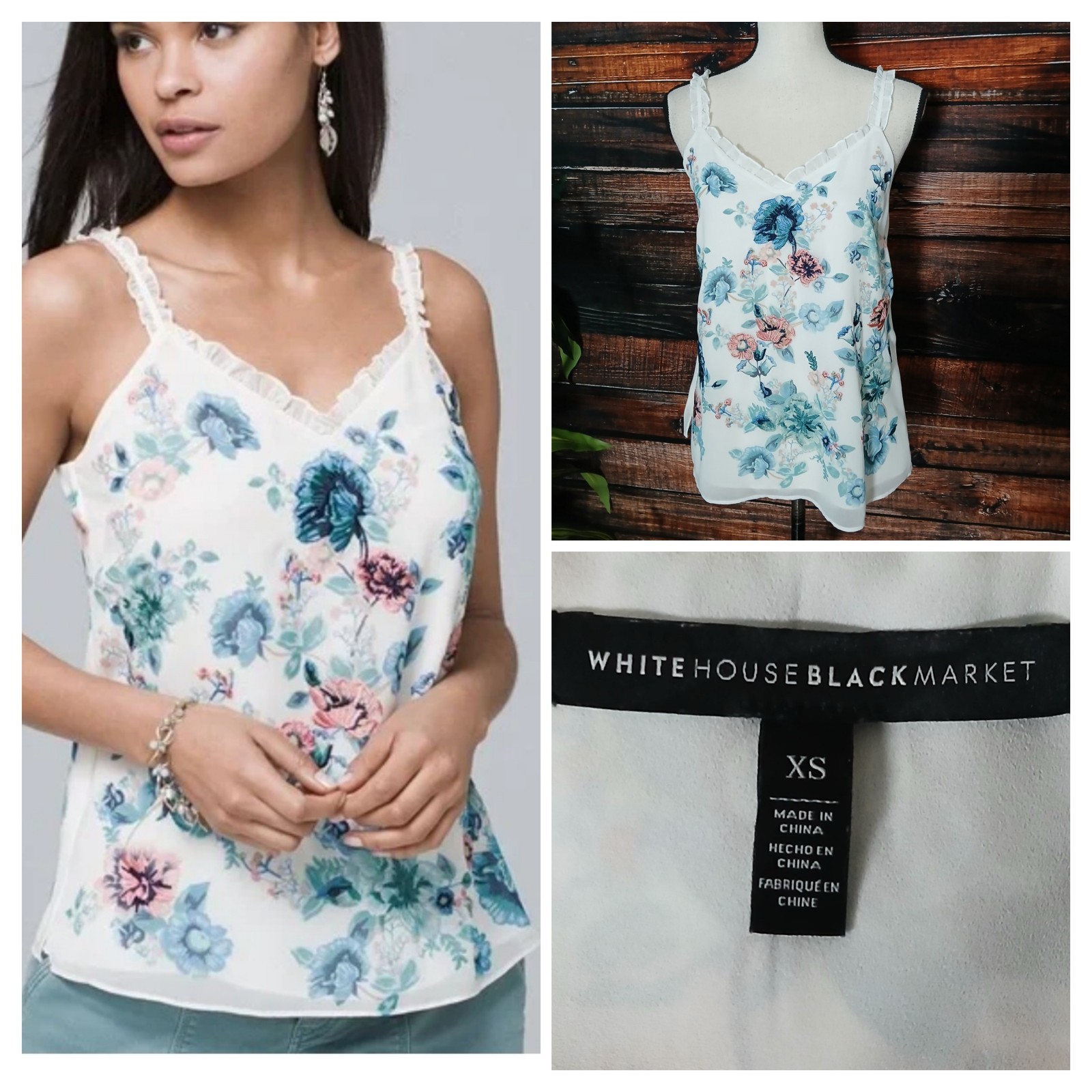 White House Black Market Tank Top Size XS Embroidered Floral Lined Ruffle Straps