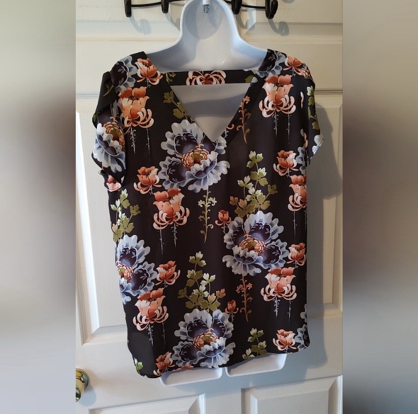 LOFT Floral Chiffon Scoop Neck Keyhole Cap Sleeve Blouse, M, Black/Blue