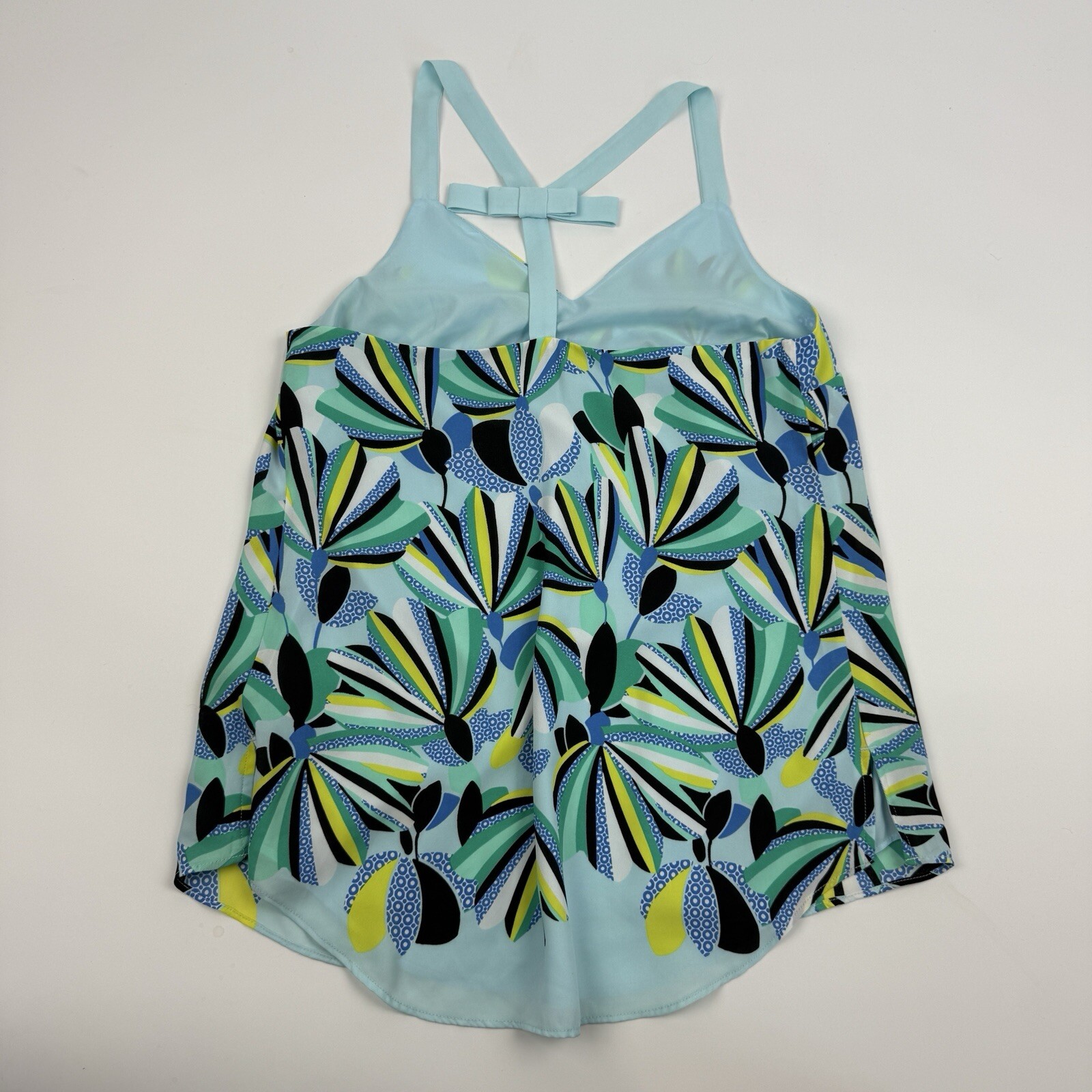 Kaari Blue Multicolor Geometric Sleeveless Blouse Wide Strap Bow Chiffon XS