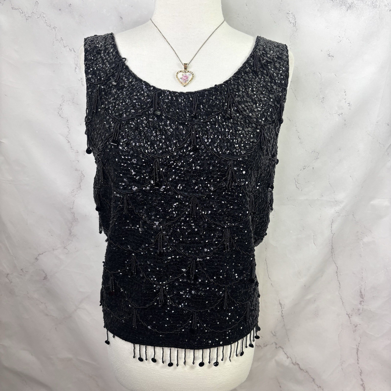 Vintage 60s Flapper Black Shiny Beaded Blouse Top Fringe Sequins Silk M Glam