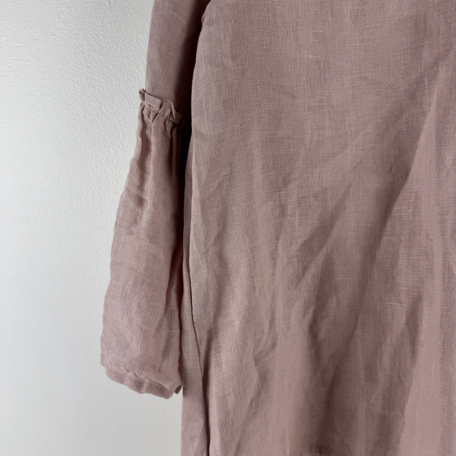 Crown Linen Designs Maya Top Dusty Pink 100% Linen Bell Sleeve V-Neck M