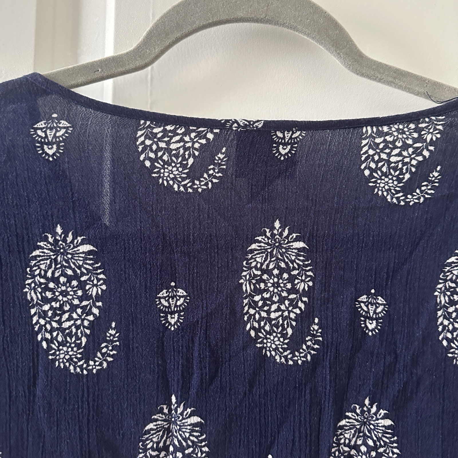 Como Vintage Navy Blue Boho Ruffle Sleeve V-Neck Blouse Women’s Size Large Hippy