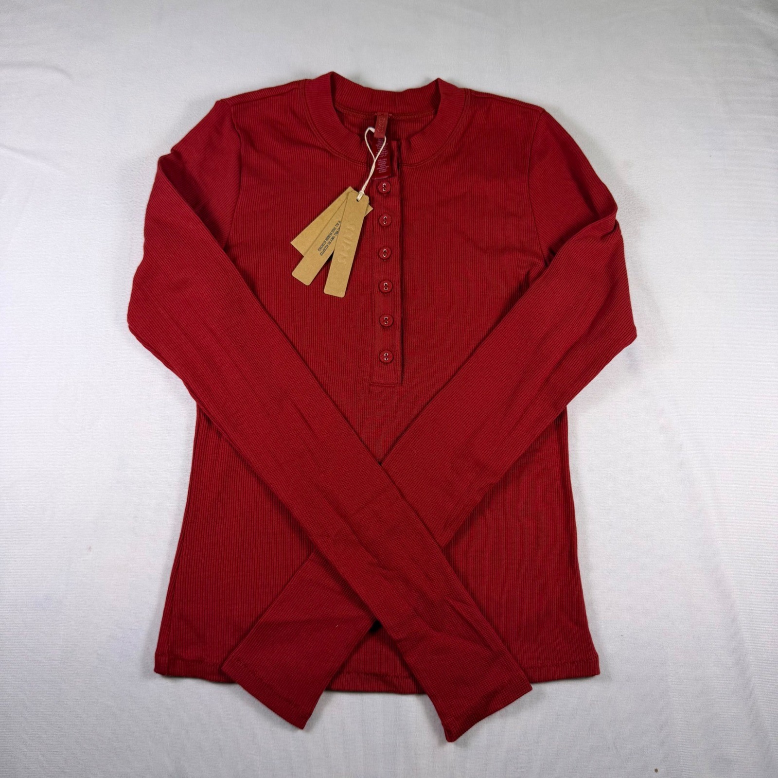 SKIMS Cotton Rib Henley Long Sleeve Top Brick Red Size Small ST-SET-9967W NEW