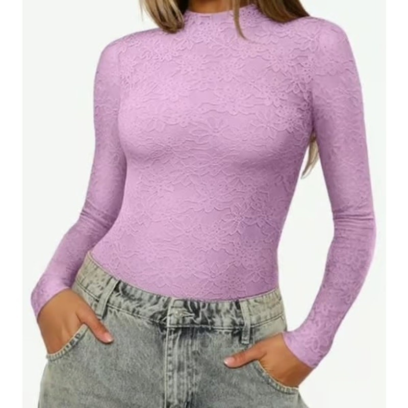 REORIA Women’s Lace Bodysuit LS Double Lined Top Size M