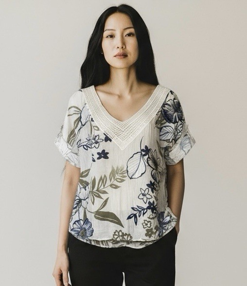 Angela Mara Short Sleeve Blouse Floral Print V Neck Women’s Sz S Silk Blend