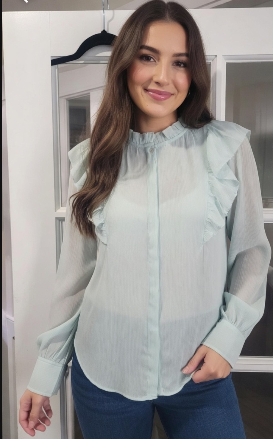 Ann Taylor Lt Teal Ruffle Front And Neck Feminine Blouse Hidden Placket Sz XS