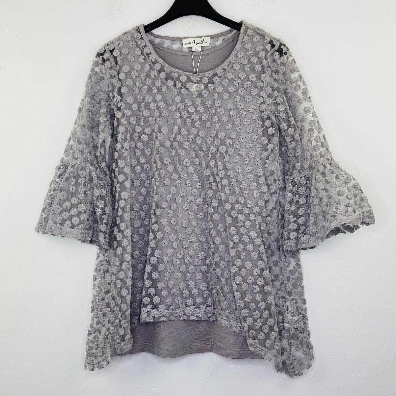 Simply Noelle S/M Blouse Gray Floral Mesh Asymmetric Layered Lagenlook NWT AM16