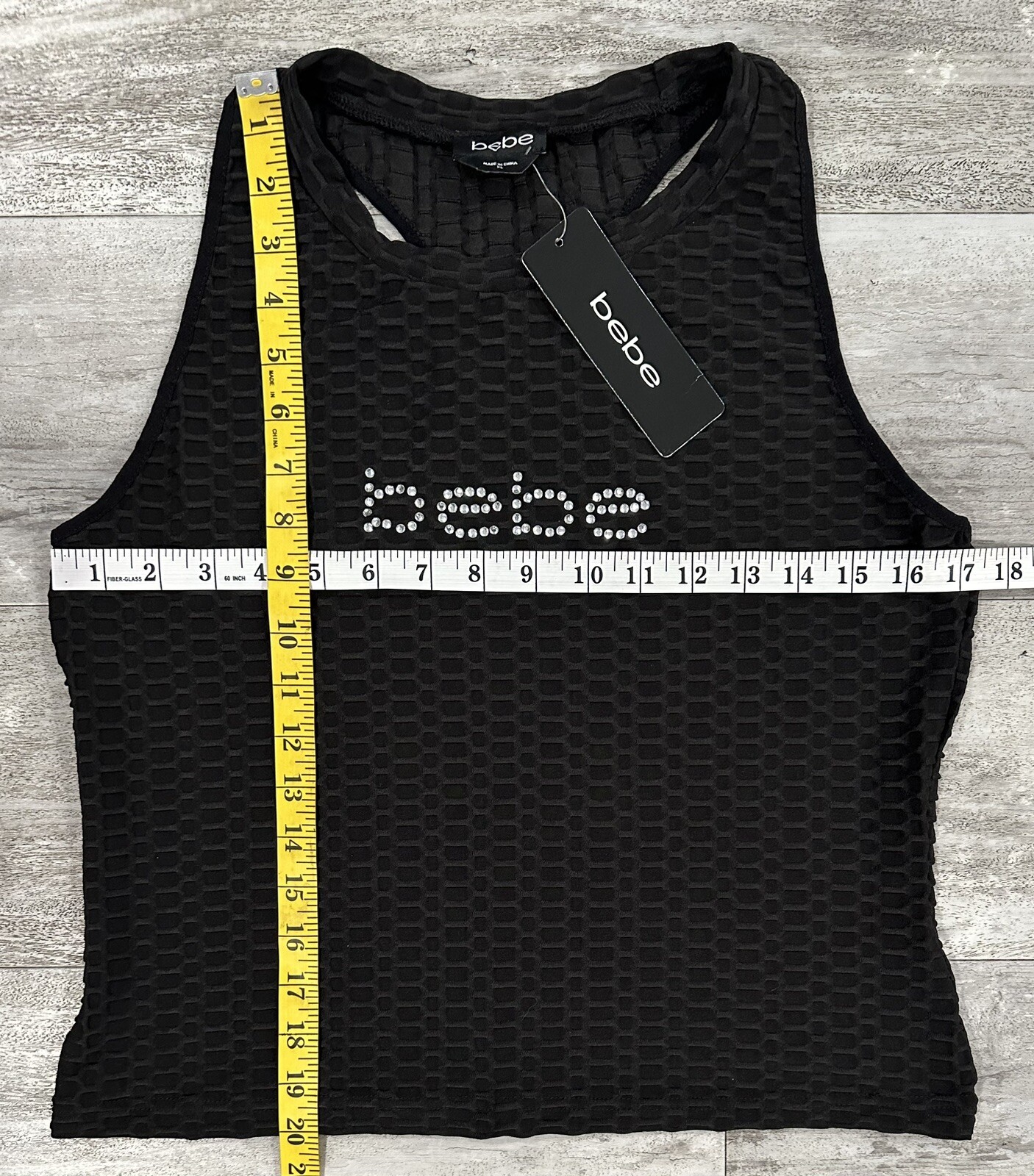 Bebe Ribbed Rhinestone Bling Logo Tank Top Stretchy Jet Black Size XL NEW
