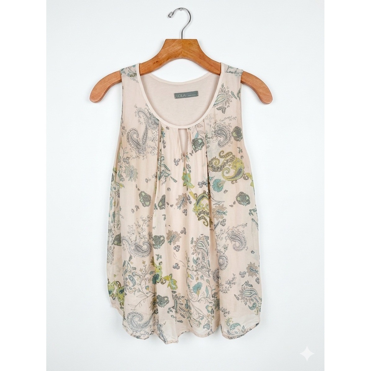 LOLA Italy Paisley Silk Blend Romantic Sleeveless Pink Floral Pleated Top M