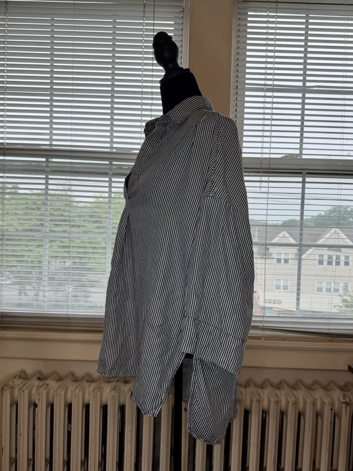 French Connection Blue and White Railroad Striped Tunic Collared Shirt