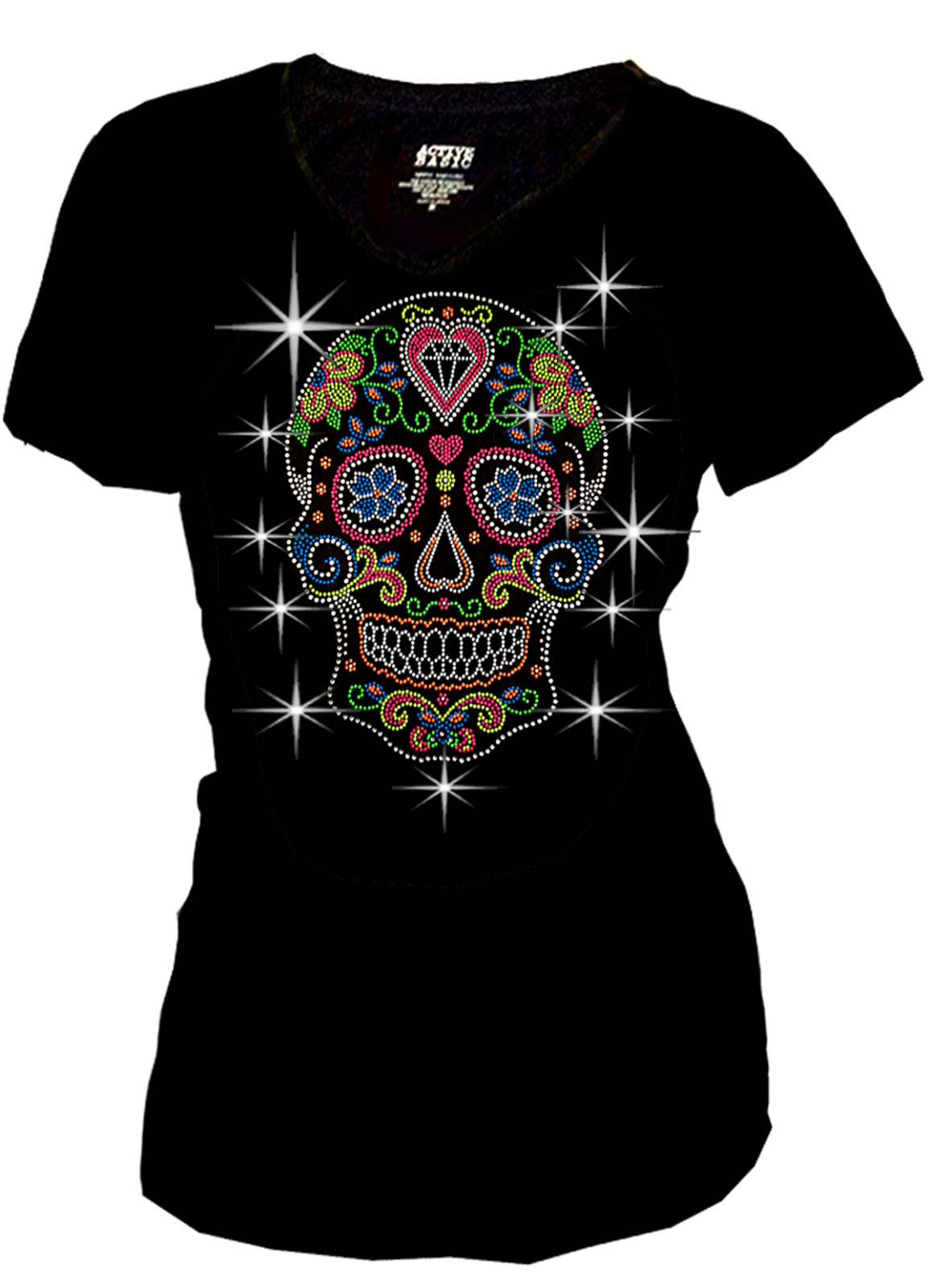 Bling Bling Sugar Skull Rhinestones T-Shirt,with Heart Neon Studs S M L 1X 2X 3X