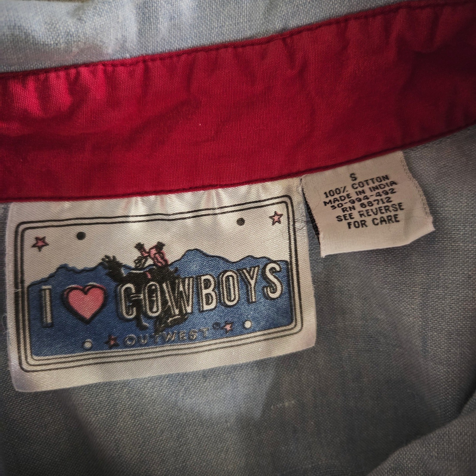 Vintage 90s I Heart Cowboys Out West Western Chambray Concho Shirt Light Blue